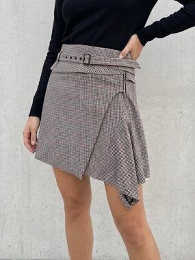 Zara Houndstooth Plaid Check Belted Mini Skirt Medium